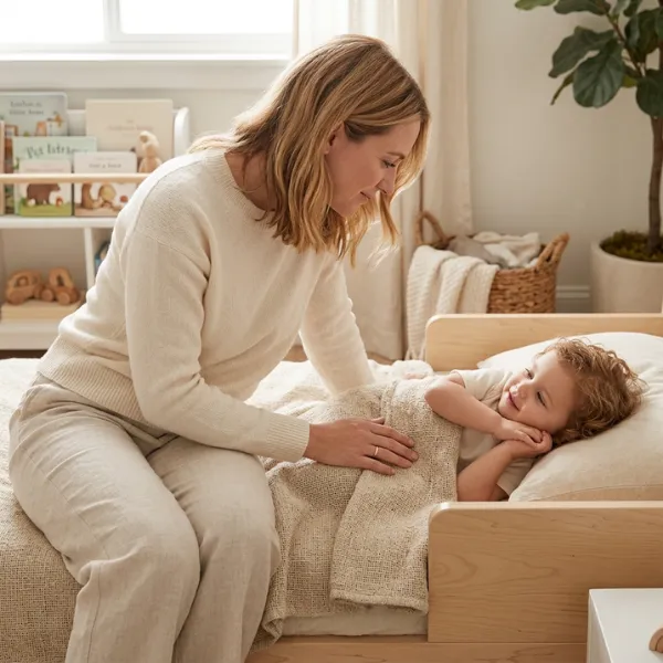 A parent gently comforting a calm toddler at bedtime